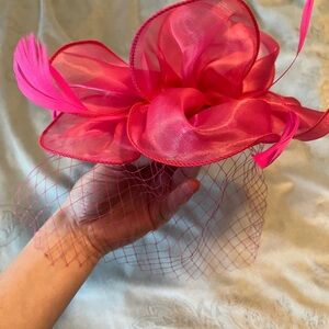 Fuchsia Floral Feather Fascinator with Veil - Women Accessories